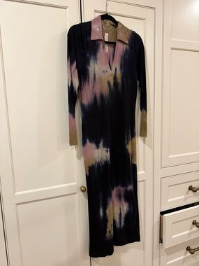 Raquel Allegra Long-Sleeve Tie-Dye Maxi Dress in Black, Pink & Olive